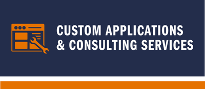 "Custom Applications & Consulting Services" text and orange website browser and wrench icon on a blue background