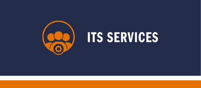 "ITS Services" text with an orange audience and gear icon on a blue background