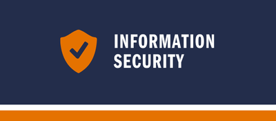"Information Security" text and orange shield with checkmark icon on blue background