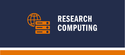 "Research Computing" text and orange server stack icon on a blue background